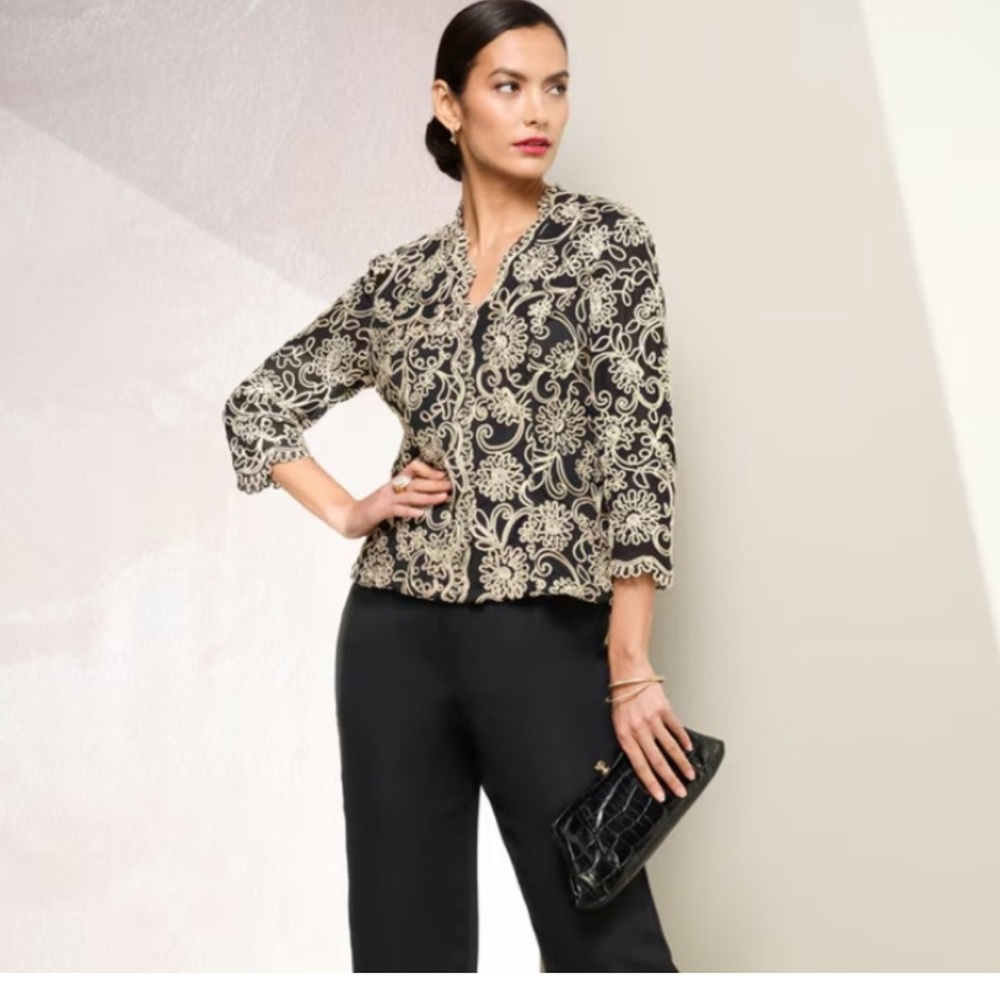 Alex Evenings Black Jacket with Gold Lace Appliqué